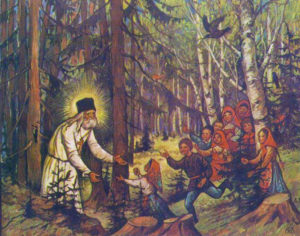 Преподобный Серафим и дети. Фрагмент дореволюционной пасхальной открытки